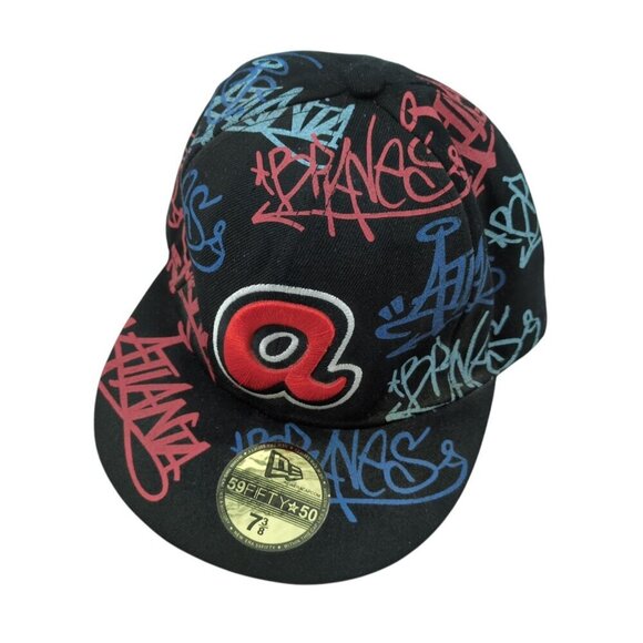 New Era 59Fifty Atlanta‎ Braves MLB Graffiti Logo Fitted Hat Black Size 7 3/8 - Picture 1 of 10
